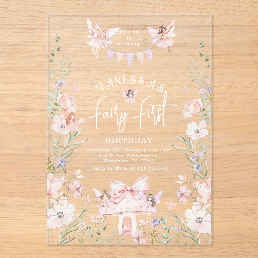 Invitations En Acrylique Whimsical Fairy First Birthday Enchanted forest (Recto)