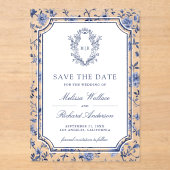 Invitations En Acrylique White Blue Chinoiserie Crest Wedding Save the Date (Recto)