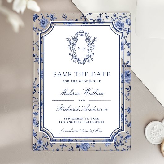 Invitations En Acrylique White Blue Chinoiserie Crest Wedding Save the Date