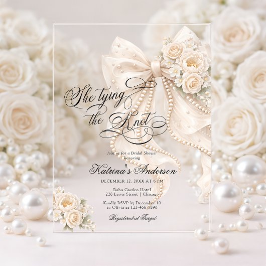 Invitations En Acrylique White Bow She's Tying the Knot Bridal Shower