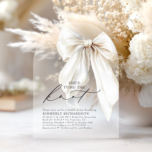 Invitations En Acrylique White Bow She's Tying the Knot Chic Bridal Shower