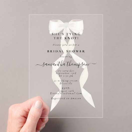 Invitations En Acrylique White Bow She's Tying the Knot Fête des mariées Pa (In situ (ordinateur de poche))
