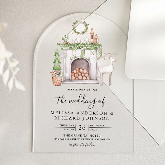 Invitations En Acrylique White Christmas Fireplace Wedding