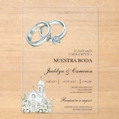 Invitations En Acrylique White church with ring Spanish Wedding (Recto)