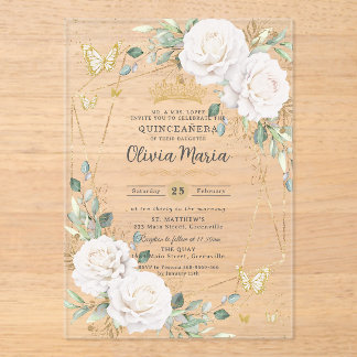 Invitations En Acrylique White Floral Butterflies Gold Quinceañera Quince