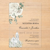 Invitations En Acrylique White Floral Spanish church Wedding acrylic (Recto)