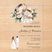 Invitations En Acrylique White Floral with ring Spanish Wedding (Recto)