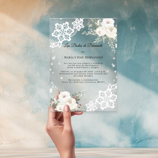Invitations En Acrylique  White Florals Invitación Bodas de Diamante
