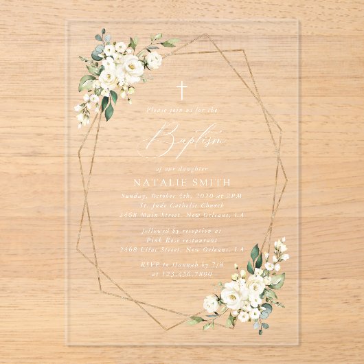 Invitations En Acrylique White Flowers, Cream Flowers, Boho, Floral Baptism (Recto)
