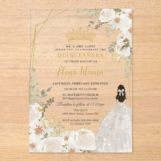 Invitations En Acrylique White Ivory Floral Princess Gold Quinceanera 15 XV (Recto)