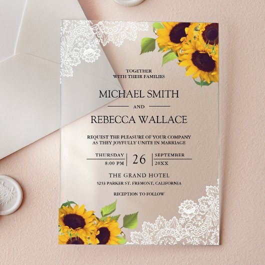 Invitations En Acrylique White Lace Sunflowers Wedding