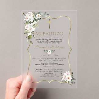 Invitations En Acrylique White Lily Rose Bautizo Con Flores Gold Baptism