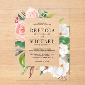 Invitations En Acrylique White Magnolia Pink Floral Wedding (Recto)