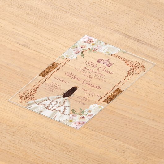 Invitations En Acrylique White Mis Quince Crown Rose Gold Quinceañera (Poser)