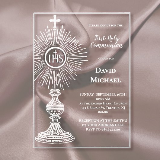 Invitations En Acrylique white monstrance design | First Holy Communion