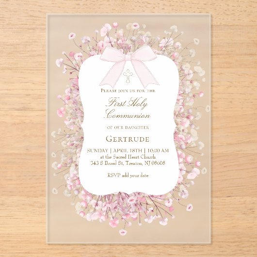 Invitations En Acrylique white pink baby's breath flowers First Communion (Recto)