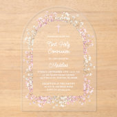 Invitations En Acrylique white pink flowers First Communion (Recto)