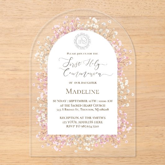 Invitations En Acrylique white pink flowers First Holy Communion (Recto)