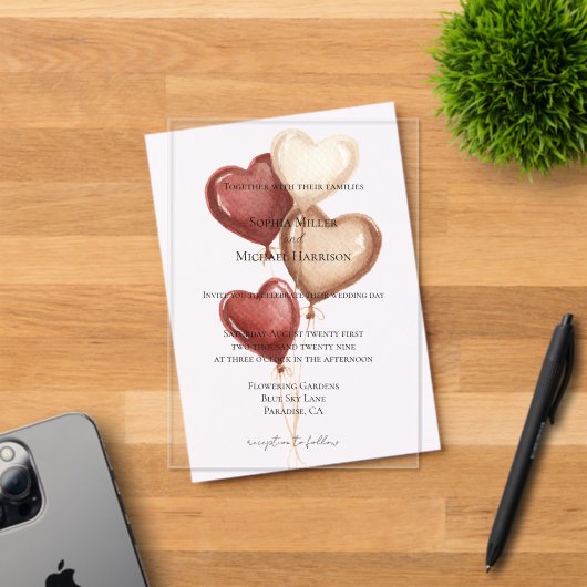 Invitations En Acrylique White Red Cream Heart Balloons Wedding (Insitu (Carte d'invitation))
