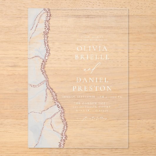 Invitations En Acrylique White Rose Or Agate Élégant Mariage moderne (Recto)