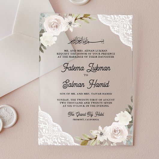 Invitations En Acrylique White Roses Lace Islamic Muslim Wedding