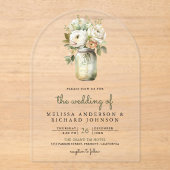 Invitations En Acrylique White Roses Sage Leaves Mason Jar Wedding  (Recto)