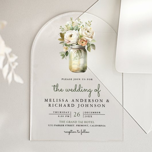 Invitations En Acrylique White Roses Sage Leaves Mason Jar Wedding 