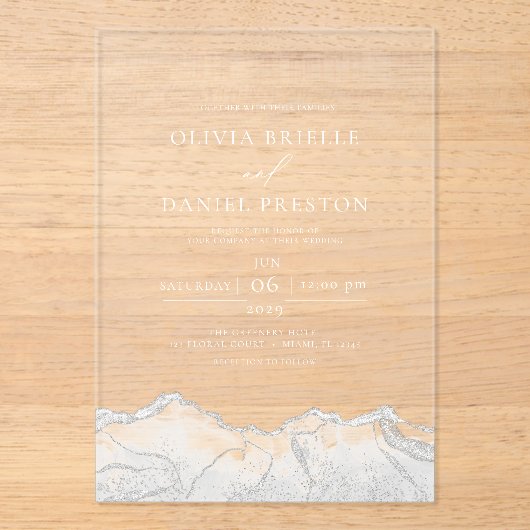 Invitations En Acrylique White Silver Agate Élégant Mariage moderne (Recto)