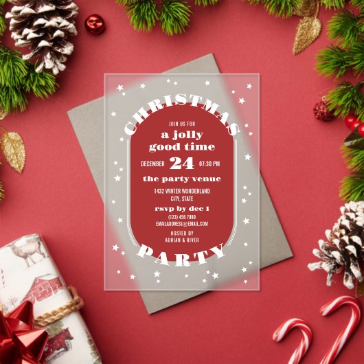 Invitations En Acrylique White Stars Red & Frosted Christmas Party (Insitu (vacances))