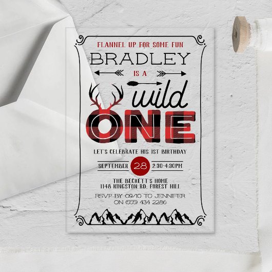 Invitations En Acrylique Wild One Boys Rustic Plaid Lumberjack 1er annivers