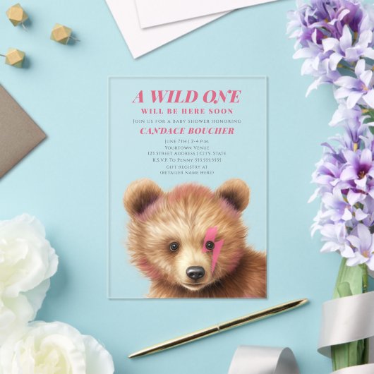 Invitations En Acrylique Wild One Lightning Bolt Cub Baby shower rose (Insitu (Mariage))