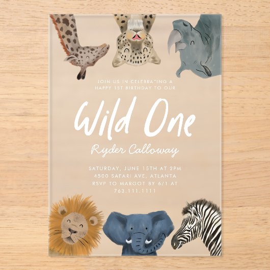 Invitations En Acrylique Wild One Safari Animaux Garçon fête d'anniversaire (Recto)