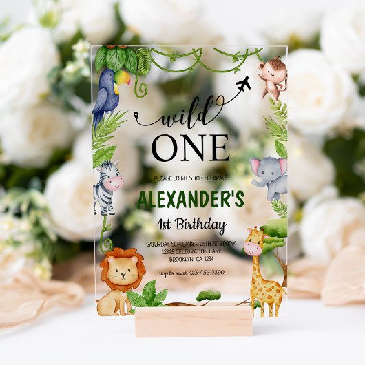 Invitations En Acrylique Wild One Safari Jungle Animaux Aquarelle Anniversa