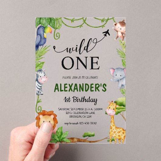 Invitations En Acrylique Wild One Safari Jungle Animaux Aquarelle Anniversa (In situ (ordinateur de poche))