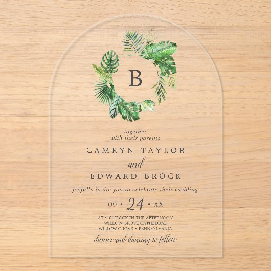 Invitations En Acrylique Wild Tropical Palm Arch Destination Plage Mariage (Recto)