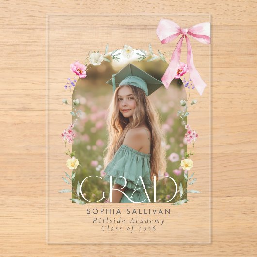 Invitations En Acrylique Wildflower Bow Graduation Photo (Recto)