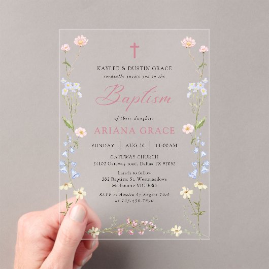 Invitations En Acrylique Wildflower Floral Girl Baptism (In situ (ordinateur de poche))