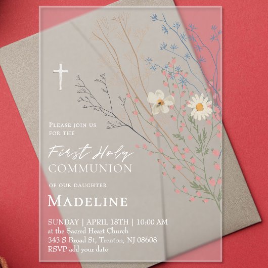 Invitations En Acrylique  wildflowers design First Holy Communion