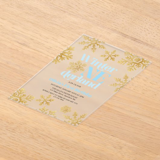 Invitations En Acrylique Winter Onederland Blue Gold Snowflake 1er annivers (Poser)
