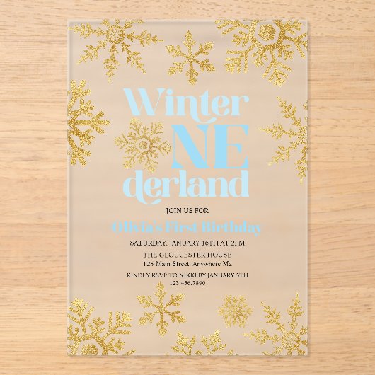 Invitations En Acrylique Winter Onederland Blue Gold Snowflake 1er annivers (Recto)