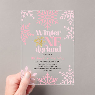 Invitations En Acrylique Winter Onederland Rose Gold Flocon 1er Anniversair
