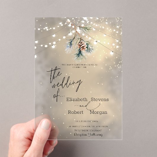 Invitations En Acrylique Winter Pine Tree Cone String Lights Wedding (In situ (ordinateur de poche))