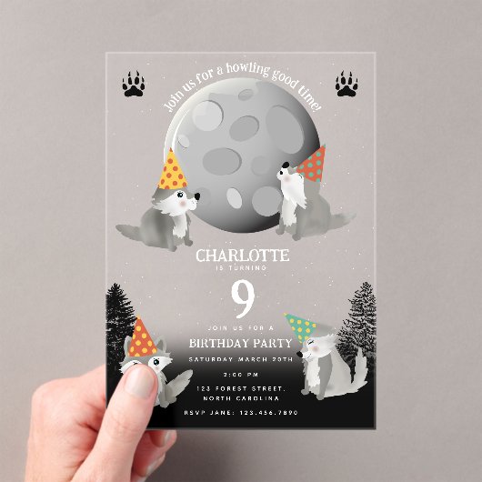 Invitations En Acrylique Wolf Pack Woodland Moon Howling Birthday Party (In situ (ordinateur de poche))