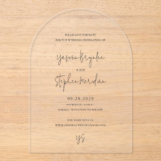 Invitations En Acrylique Yasmin Modern mariage élégant Enregistrer la date (Recto)