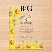 Invitations En Acrylique Yellow Aquarelle tournesol Monogramme Mariage (Recto)