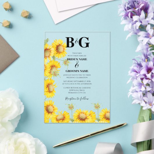 Invitations En Acrylique Yellow Aquarelle tournesol Monogramme Mariage (Insitu (Mariage))