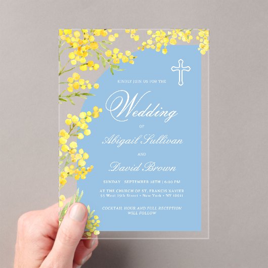 Invitations En Acrylique Yellow Flowers Light Blue Arch Religious Wedding (In situ (ordinateur de poche))