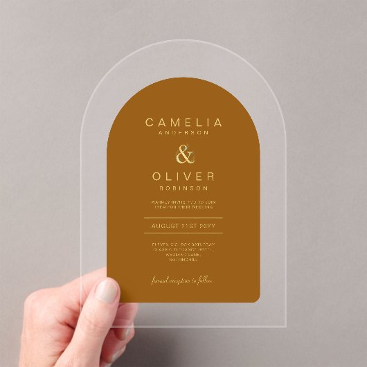 Invitations En Acrylique Zazzle Acrylique Mariage Terracotta Gold Text Arch (In situ (ordinateur de poche))
