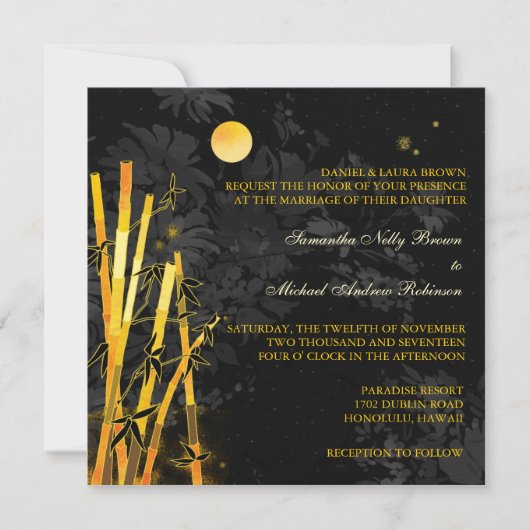 Invitations en bambou d'or de mariage de noir et (Devant)
