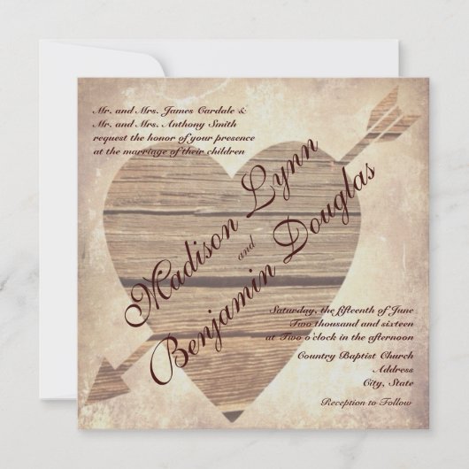 Invitations en bois de mariage de coeur de grange (Devant)